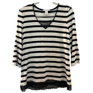 White House Black Market top, black and white stripes, with lace embellishment.